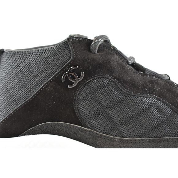 Chanel 21B Mens Black Suede White CC Logo Lace Up Mid Top Trainer Sneaker 44 11 - Picture 4 of 12